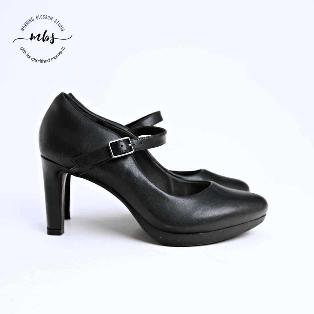 Clarks Leather Platform Adjustable Strap Dress Mary Jane Pumps Black Women 7